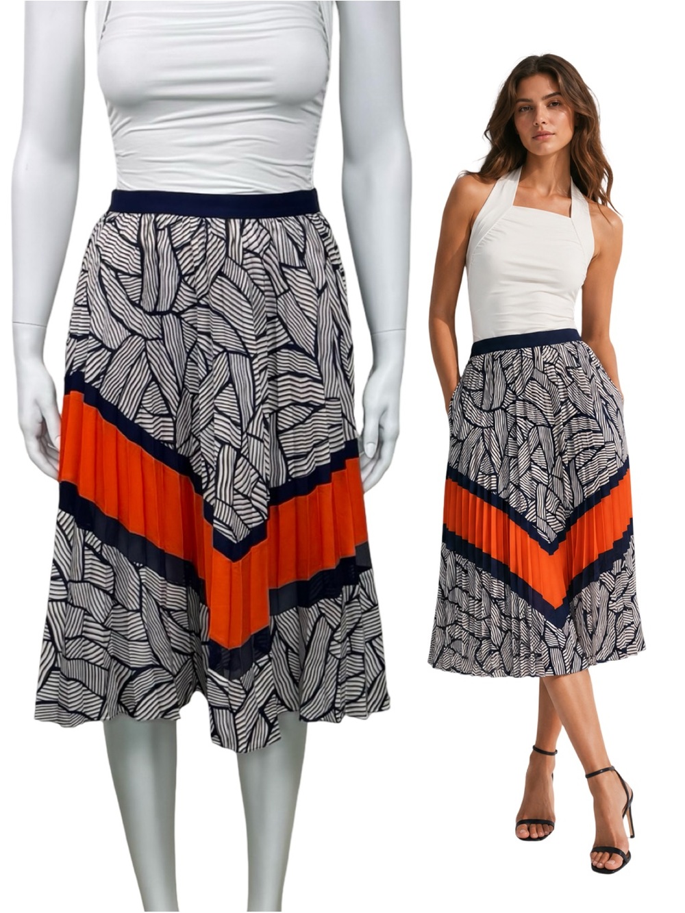 $398 DIANE VON FURSTENBERG Pleated Midi Skirt Abstract Print Orange Sz 2